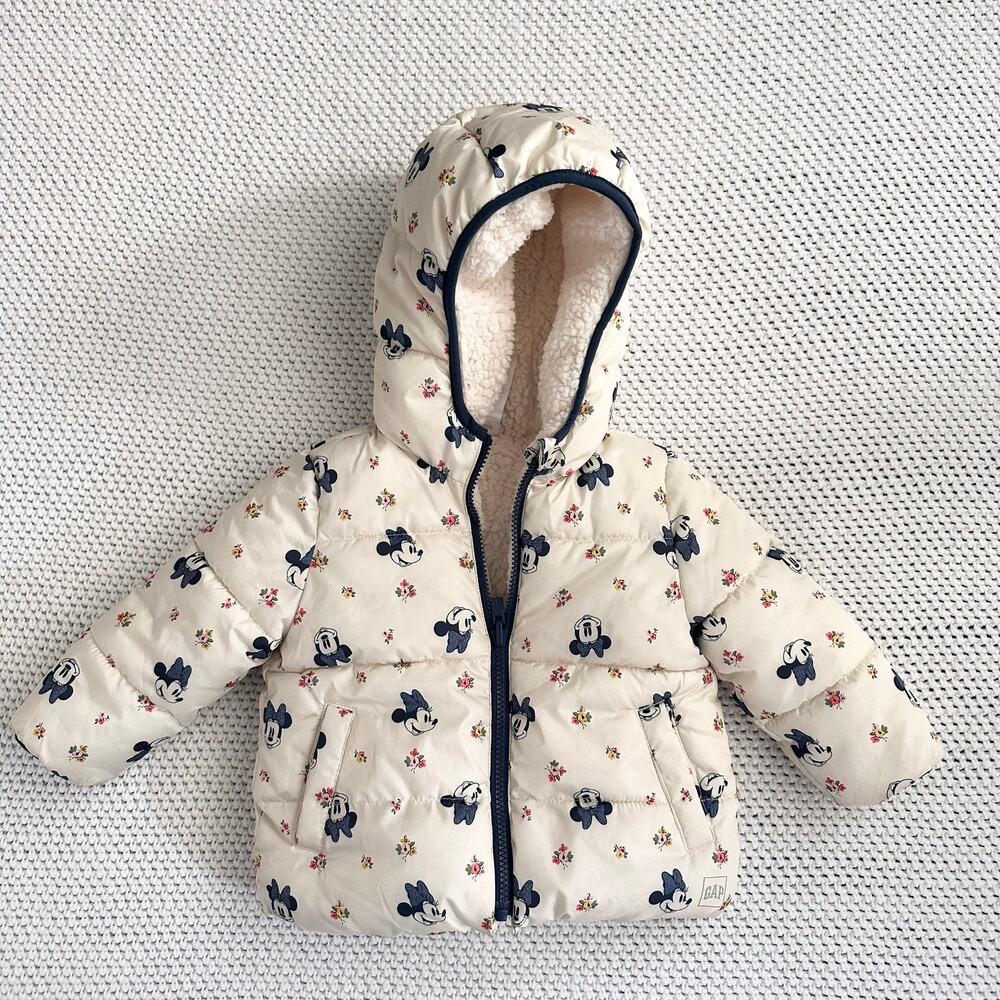 Gap Disney Off White Minnie Mouse Printed Sherpa Hooded Zip Winter Jacket 2T